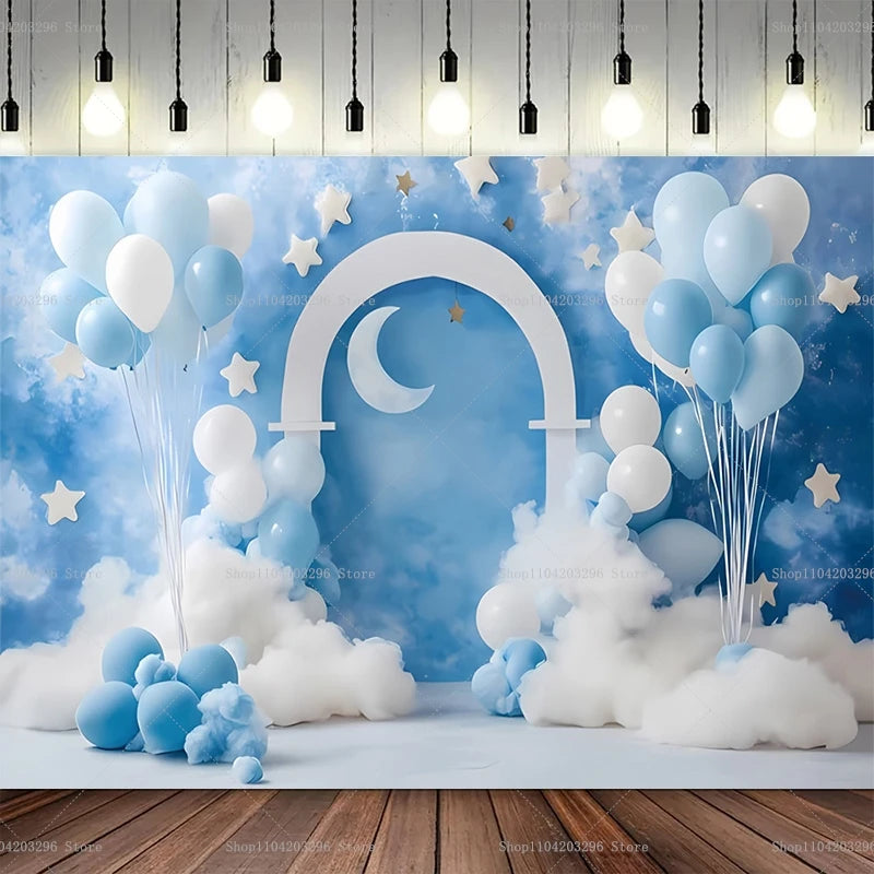 One Year Old Baby Birthday Backdrop Toys Bear White Balloons