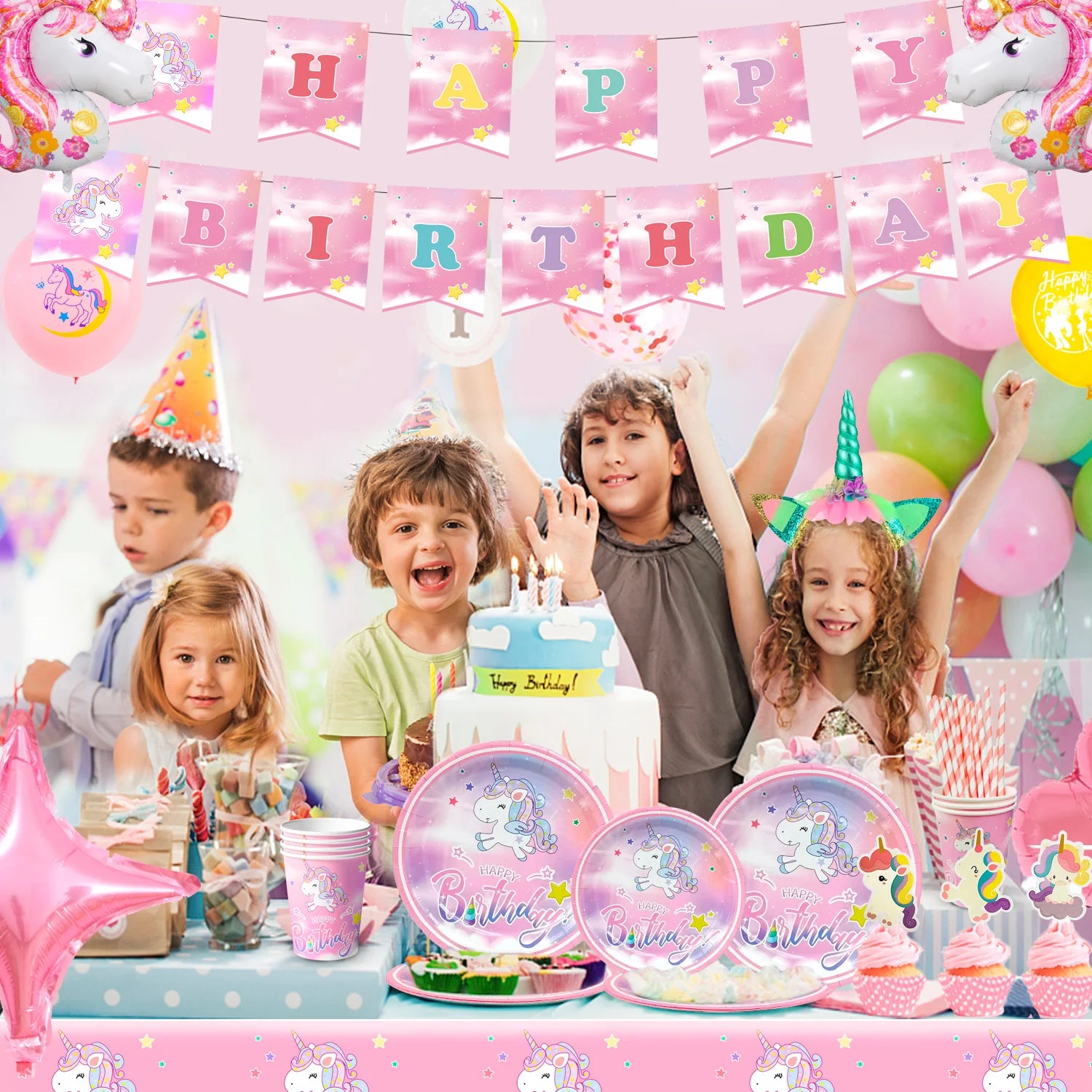 Unicorn Birthday Party Supplies,116pcs Decorations&Birthdays Tableware Set-Unicorn Party Plates Napkins Table Cloth etc