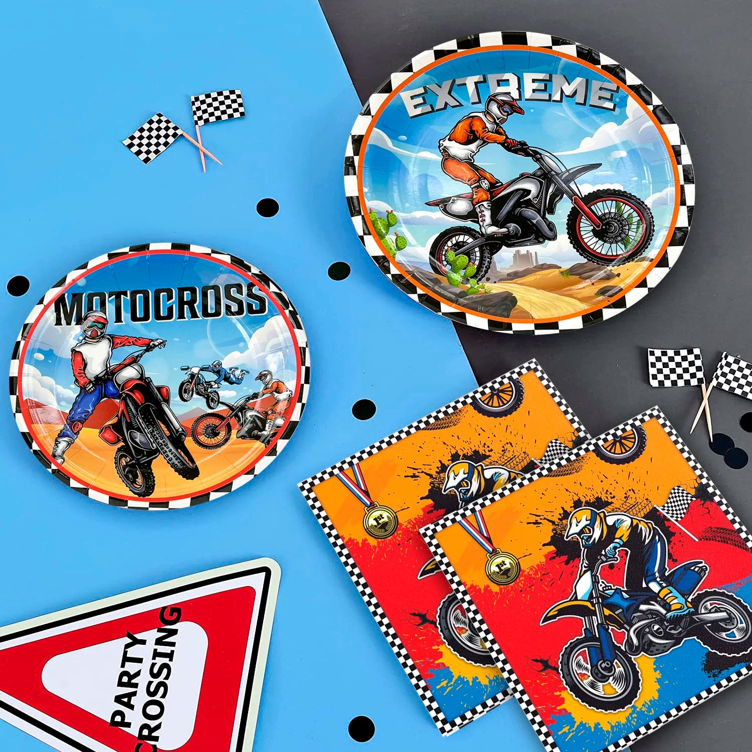 Motorcycle Birthday Supplies,98pcs Decorations&Motorcycle Theme Party Tableware Set-Dirt Bike Party Plates and Napkins Cups etc