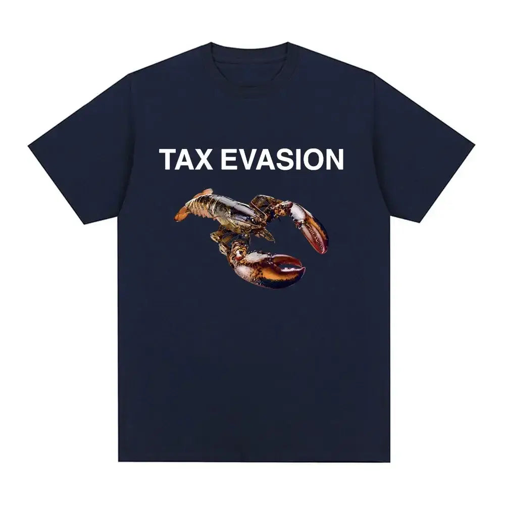 T-shirt featuring a lobster graphic and the text 'TAX EVASION' in bold, perfect for casual summer wear.