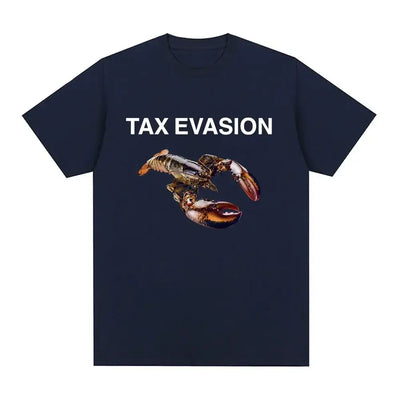 T-shirt featuring a lobster graphic and the text 'TAX EVASION' in bold, perfect for casual summer wear.