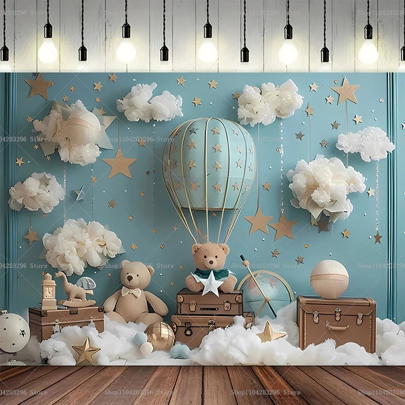 One Year Old Baby Birthday Backdrop Toys Bear White Balloons