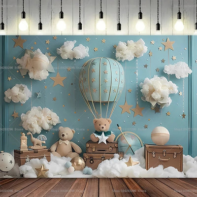 One Year Old Baby Birthday Backdrop Toys Bear White Balloons