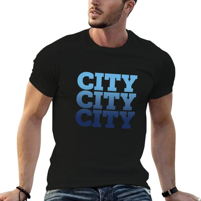 Manchester City T-Shirt anime t shirts for man featuring a stylish black shirt with blue 'CITY' text design.