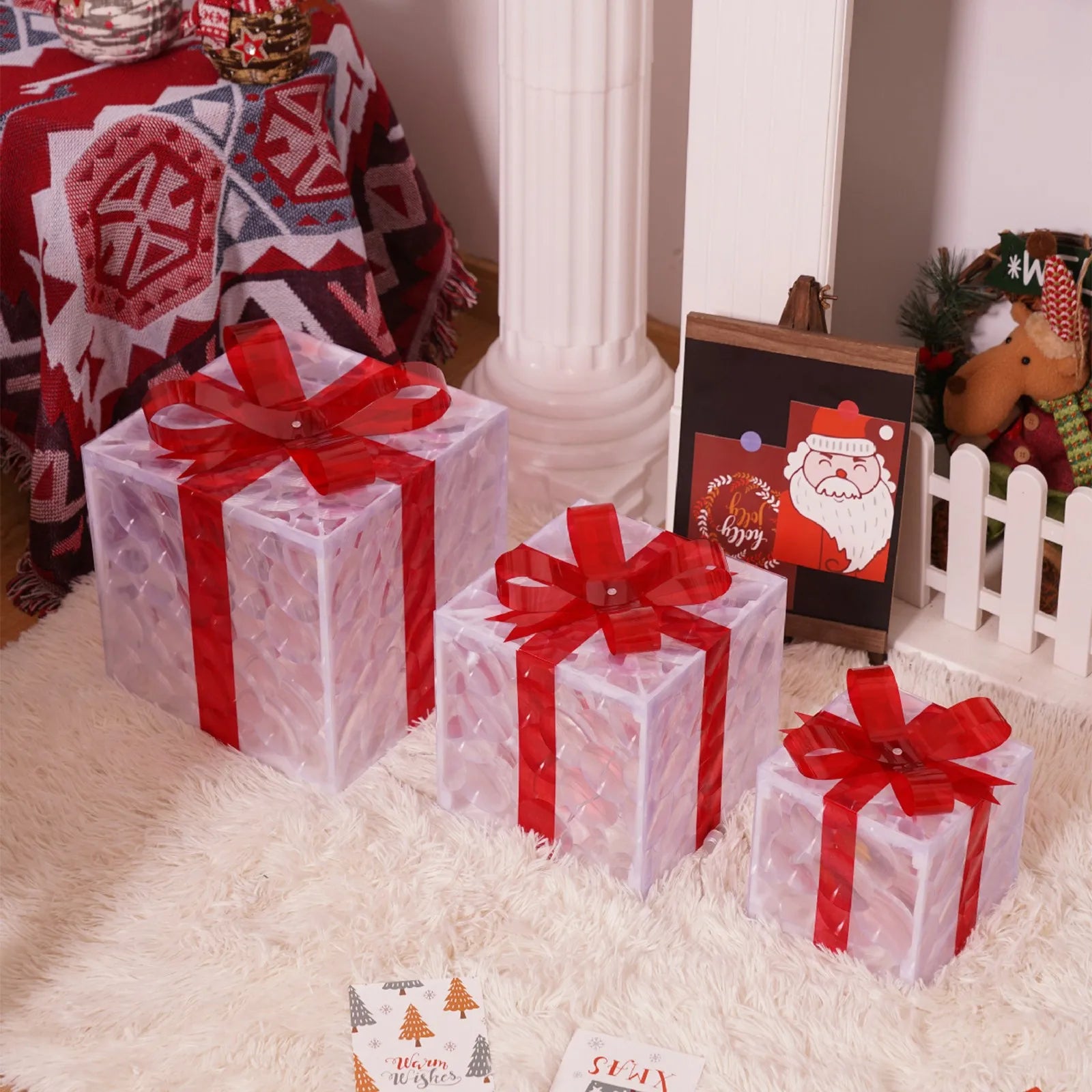 Christmas Decoration 3pcs Transparent Plastic Christmas Gift Boxes With Warm White LED Lights Christmas Tree Skirt Ornament