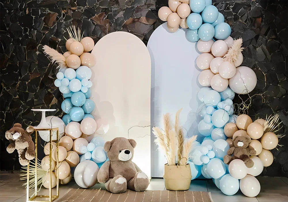 One Year Old Baby Birthday Backdrop Toys Bear White Balloons