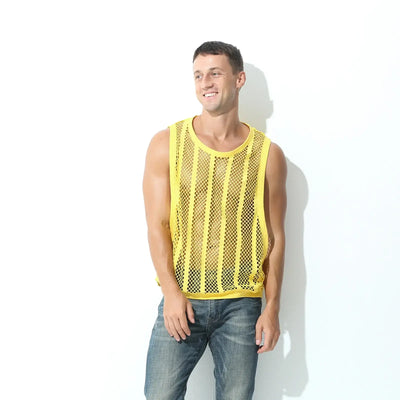 Men Tank Top Sleeveless Undershirt in yellow mesh worn by a man, perfect for spring and summer casual wear.