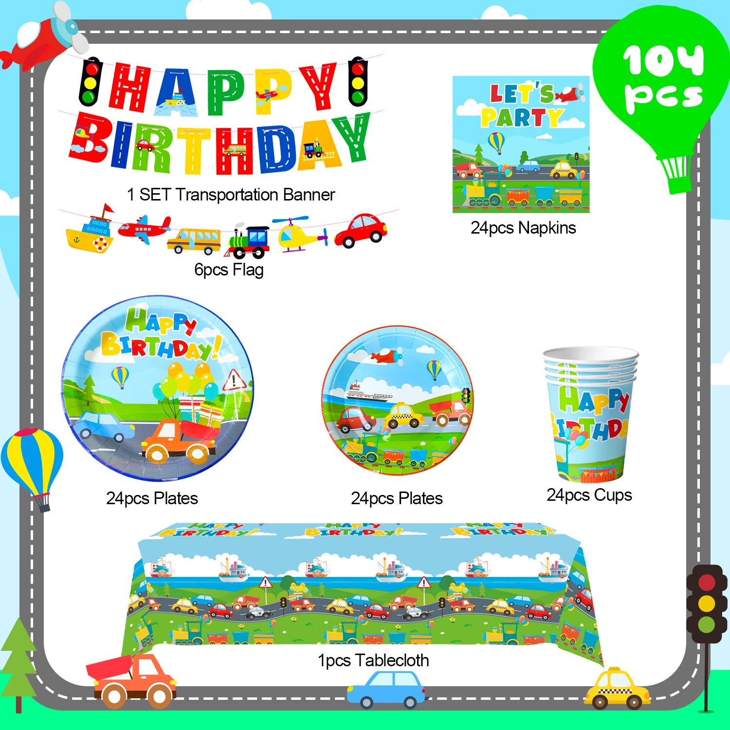 Transportation Birthday Party Supplies,104pcs Party Tableware Set - Birthday Decor Banner Tablecloth Plates Napkin etc