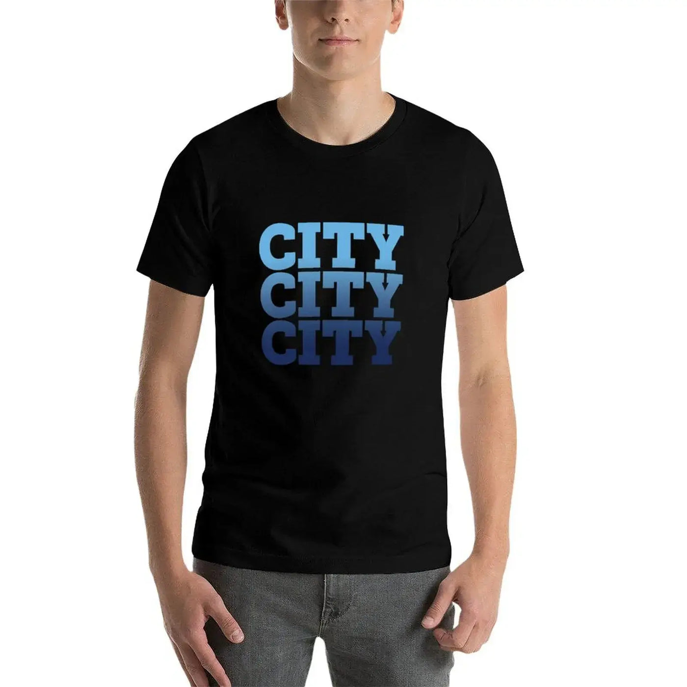 Manchester City T-Shirt anime t shirts for man featuring stylish CITY graphic design on a black shirt.