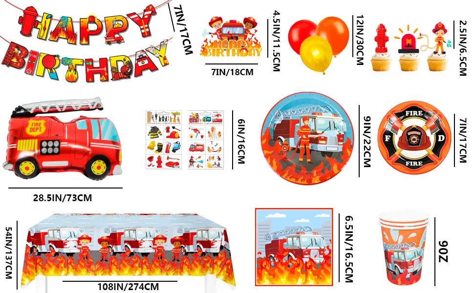 Fire Truck Birthday Party Supplies,95pcs  Birthday Party Decorations for Boys-Firetruck Birthday Balloons Plates Napkins etc