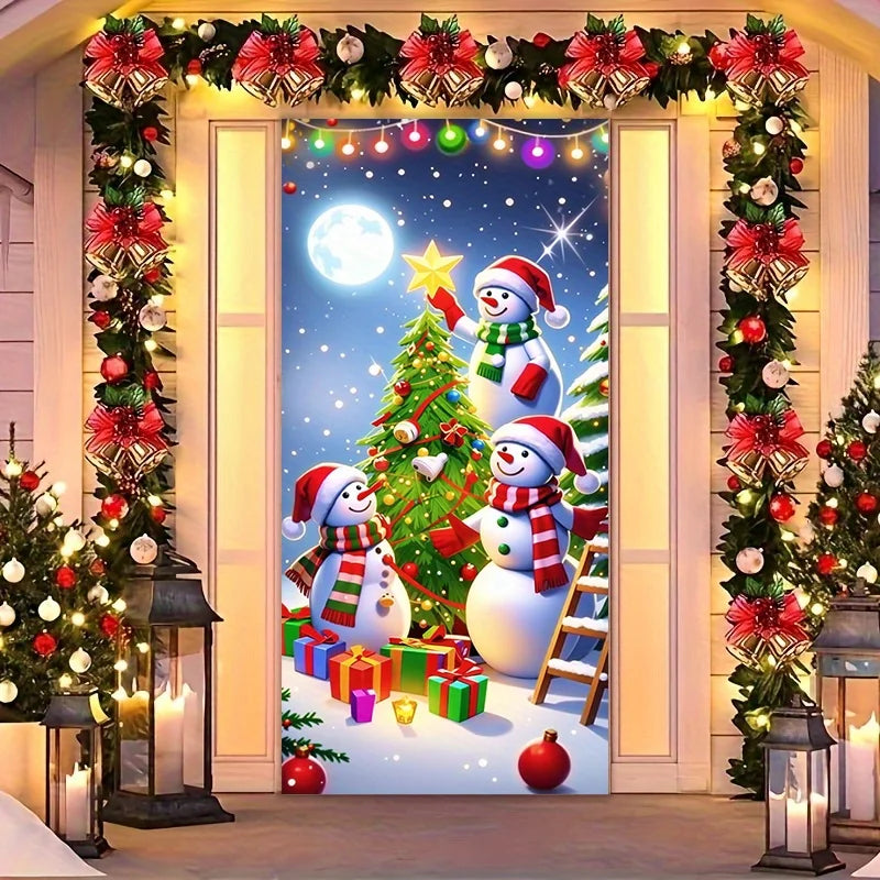 Christmas door casing, snowman decorated Christmas tree,