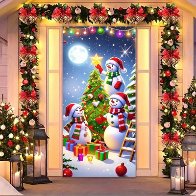 Christmas door casing, snowman decorated Christmas tree,