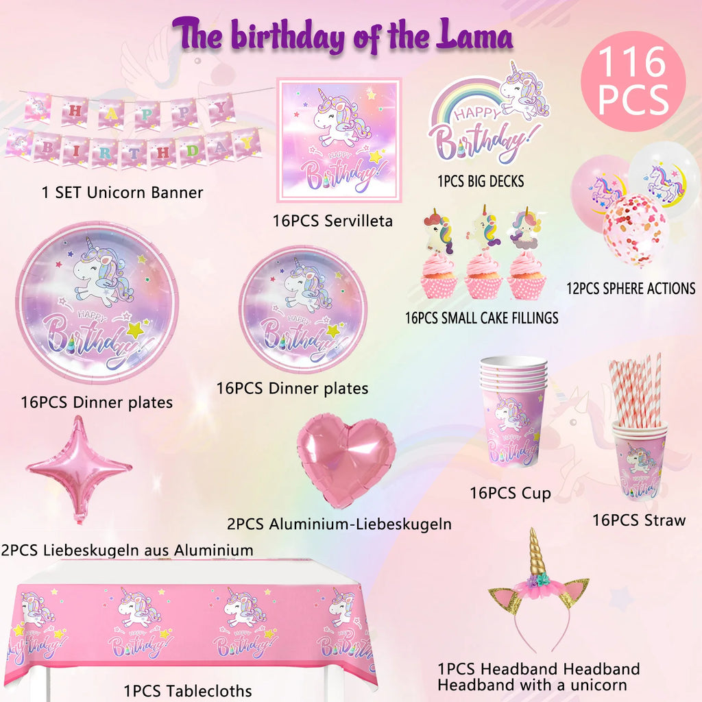 Unicorn Birthday Party Supplies,116pcs Decorations&Birthdays Tableware Set-Unicorn Party Plates Napkins Table Cloth etc