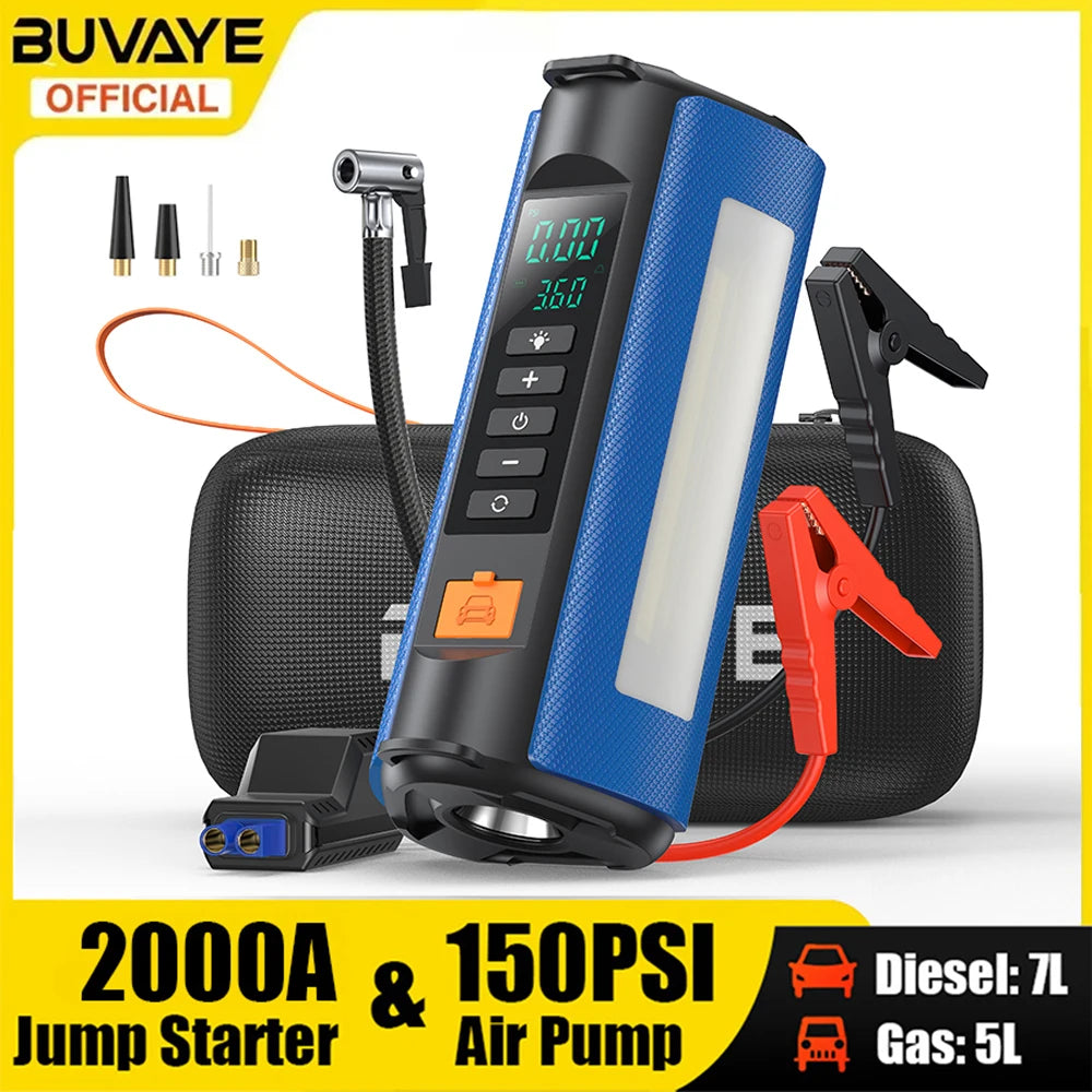 BUVAYE Jump Starter Air Compressor with Power Bank 1500A Peak Battery Booster 150PSI Electric Pump 12V Car Starter with Lighting