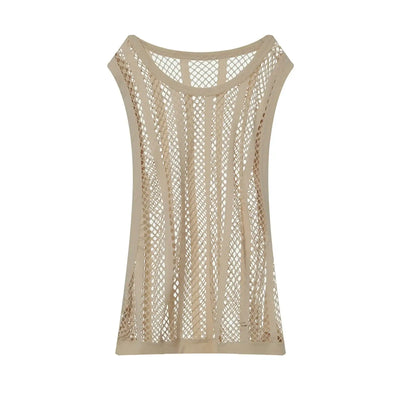 Men Tank Top Sleeveless Undershirt in beige mesh fabric, perfect for spring and summer wear.