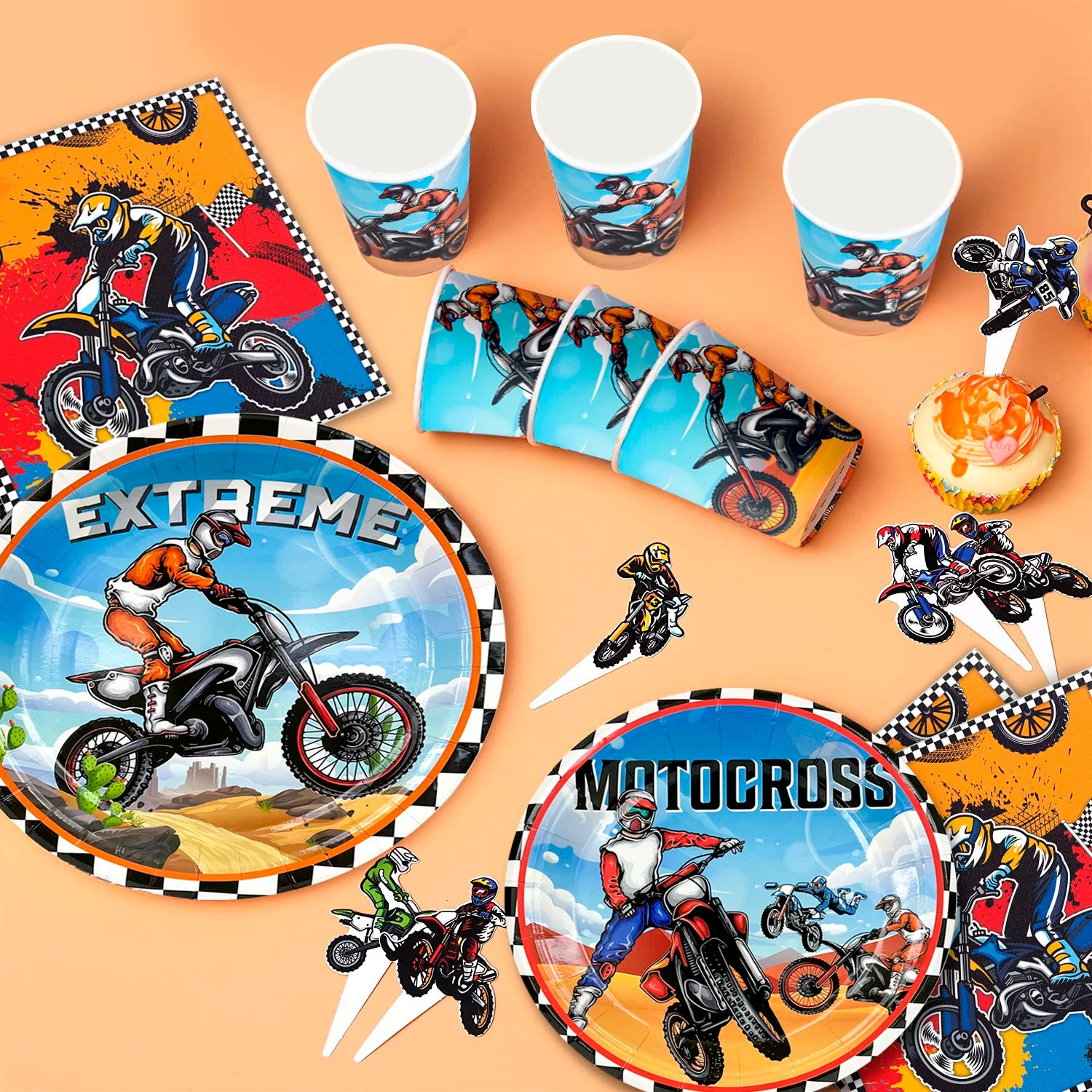 Motorcycle Birthday Supplies,98pcs Decorations&Motorcycle Theme Party Tableware Set-Dirt Bike Party Plates and Napkins Cups etc