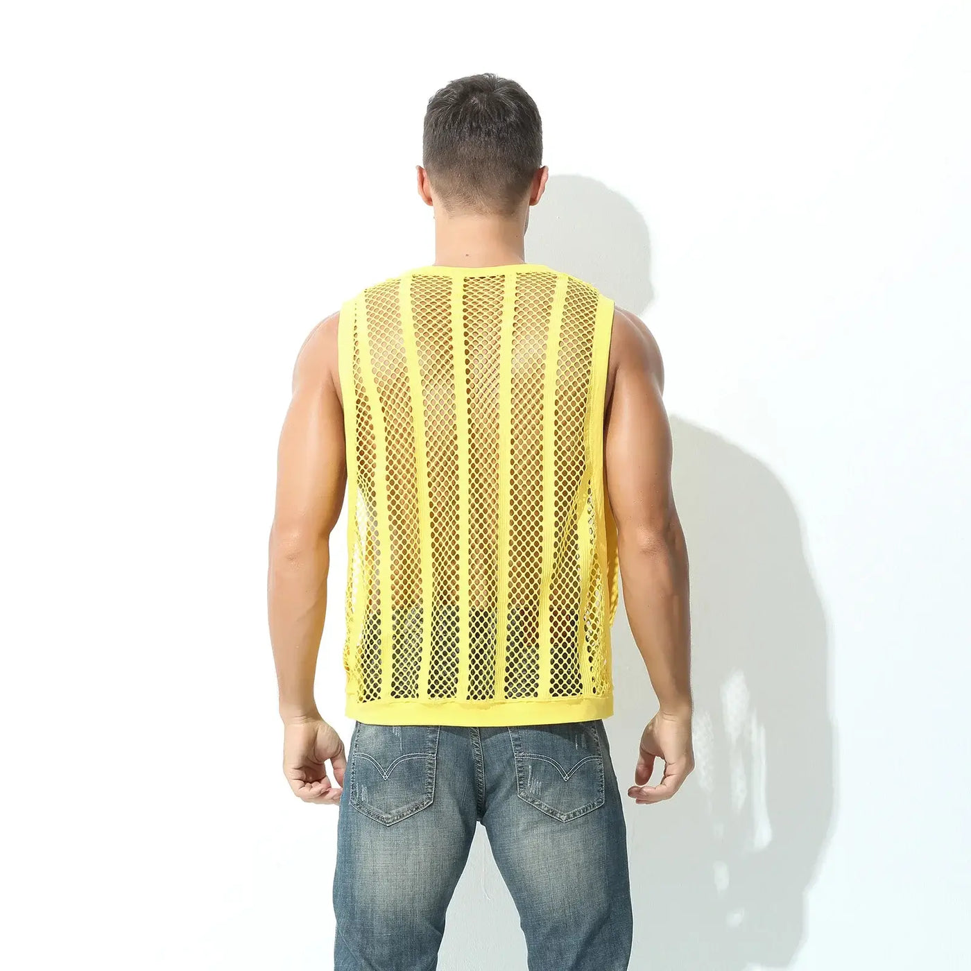 Men Tank Top Sleeveless Undershirt in yellow mesh design, showcasing a stylish back view.