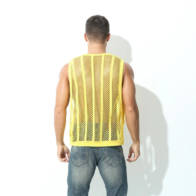 Men Tank Top Sleeveless Undershirt in yellow mesh design, showcasing a stylish back view.