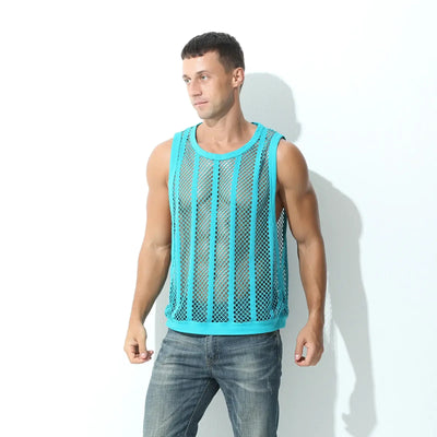 Men Tank Top Sleeveless Undershirt in aqua color, featuring a mesh design, worn by a man standing against a white background.
