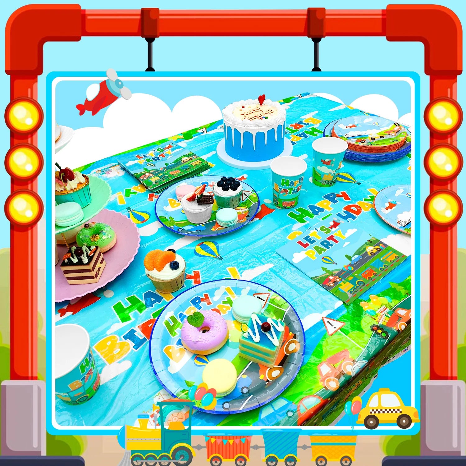Transportation Birthday Party Supplies,104pcs Party Tableware Set - Birthday Decor Banner Tablecloth Plates Napkin etc