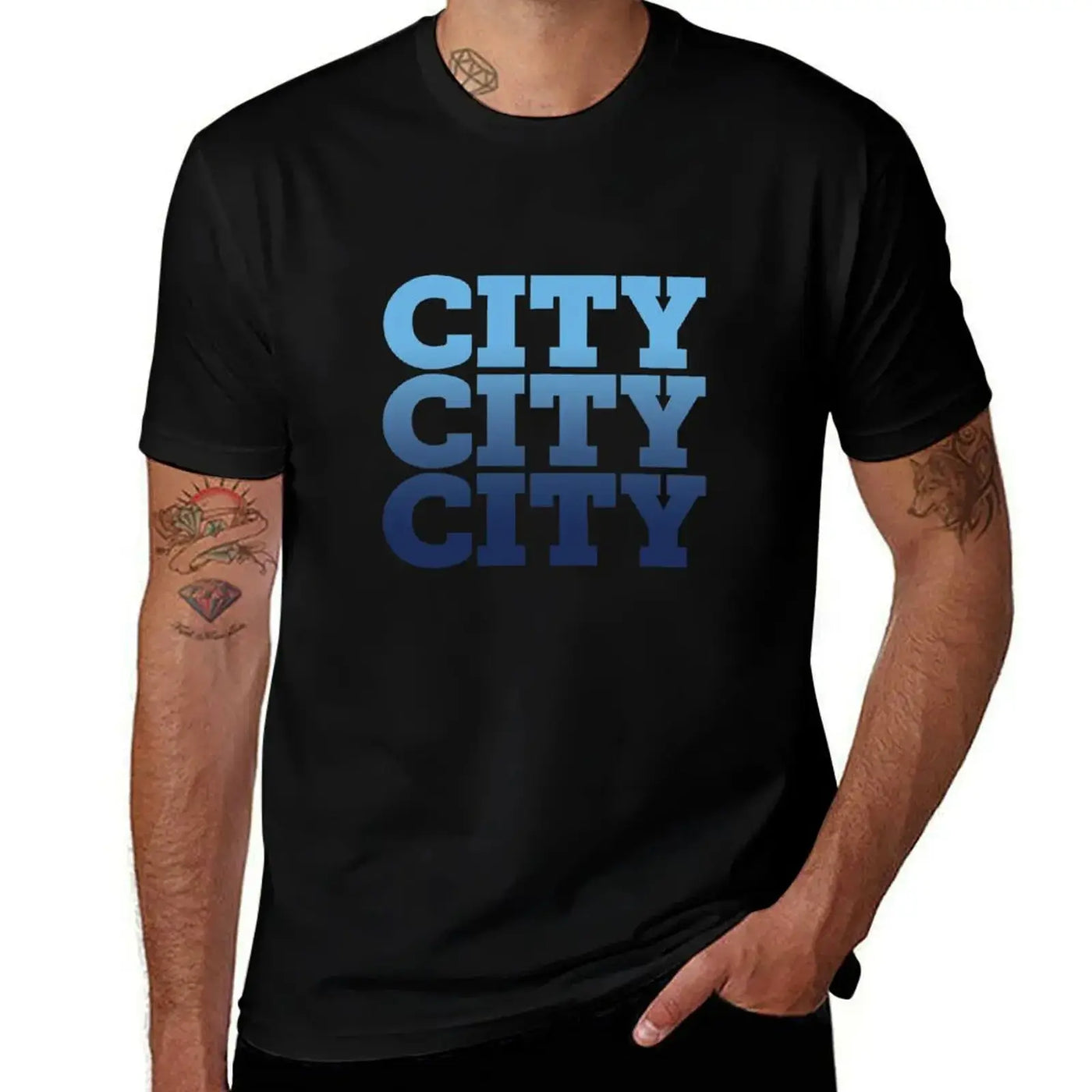 Manchester City T-Shirt anime t shirts for man displayed on a model in a black color.