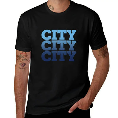 Manchester City T-Shirt anime t shirts for man displayed on a model in a black color.