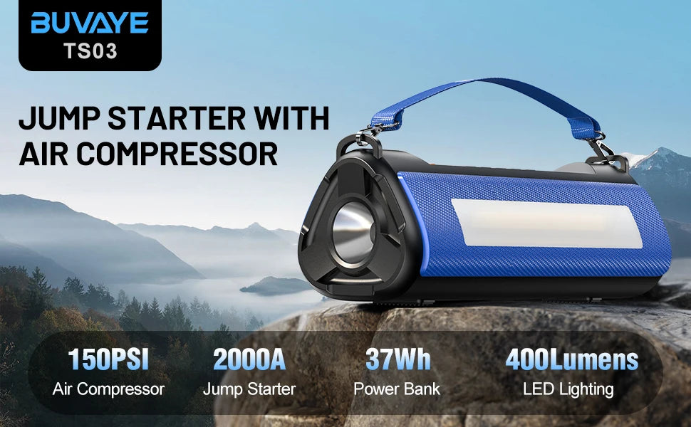 BUVAYE Jump Starter Air Compressor with Power Bank 1500A Peak Battery Booster 150PSI Electric Pump 12V Car Starter with Lighting