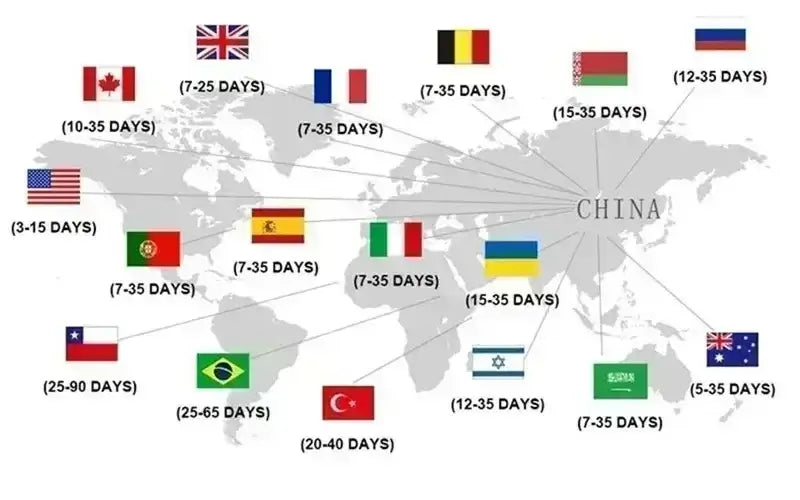 World map showing international shipping times from China to various countries with flags and duration labels.