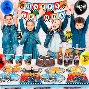Motorcycle Birthday Supplies,98pcs Decorations&Motorcycle Theme Party Tableware Set-Dirt Bike Party Plates and Napkins Cups etc