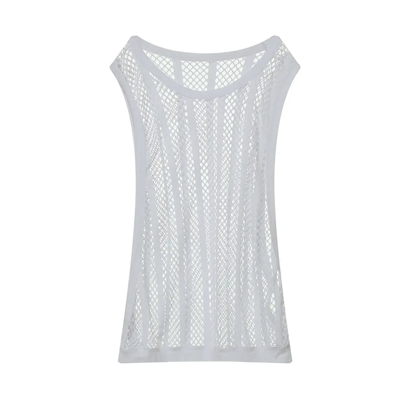 Men Tank Top Sleeveless Undershirt in white mesh fabric, perfect for summer and home wear.