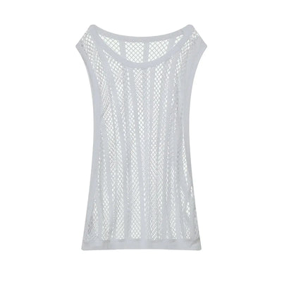 Men Tank Top Sleeveless Undershirt in white mesh fabric, perfect for summer and home wear.