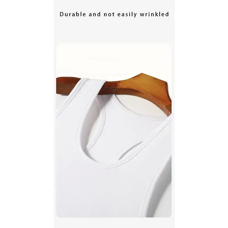 Gym Top Men Shirt Man Muscle Loose T-shirt Fitness Bodybuilding hanging on a wooden hanger, showcasing its durable design.