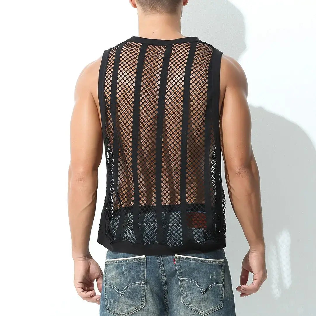 Men Tank Top Sleeveless Undershirt with a unique mesh design, perfect for warm weather and casual outings.