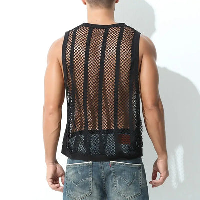 Men Tank Top Sleeveless Undershirt with a unique mesh design, perfect for warm weather and casual outings.