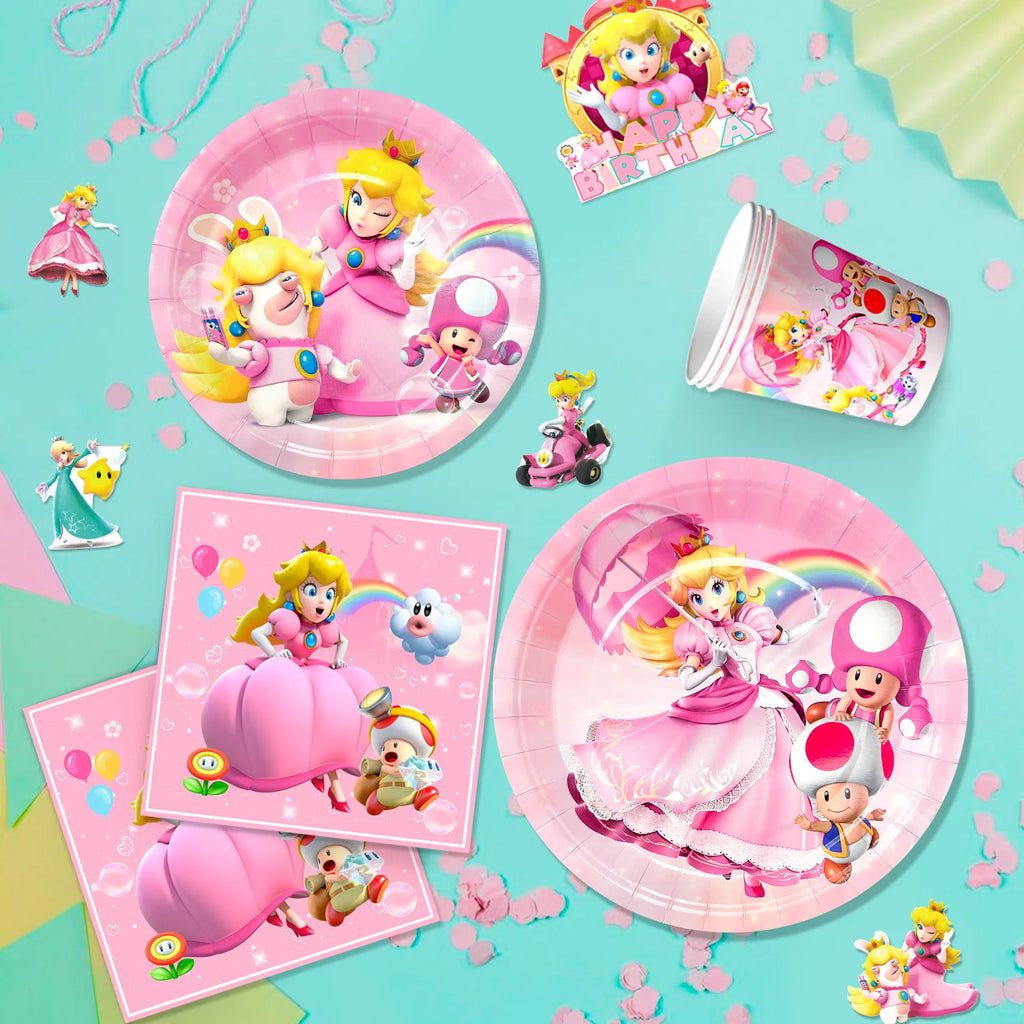 Cartoon Peach Birthday Party Supplies, 114pcs Cartoon Peach Party Decorations & Tableware Set - Party Plates and Napkins Cups