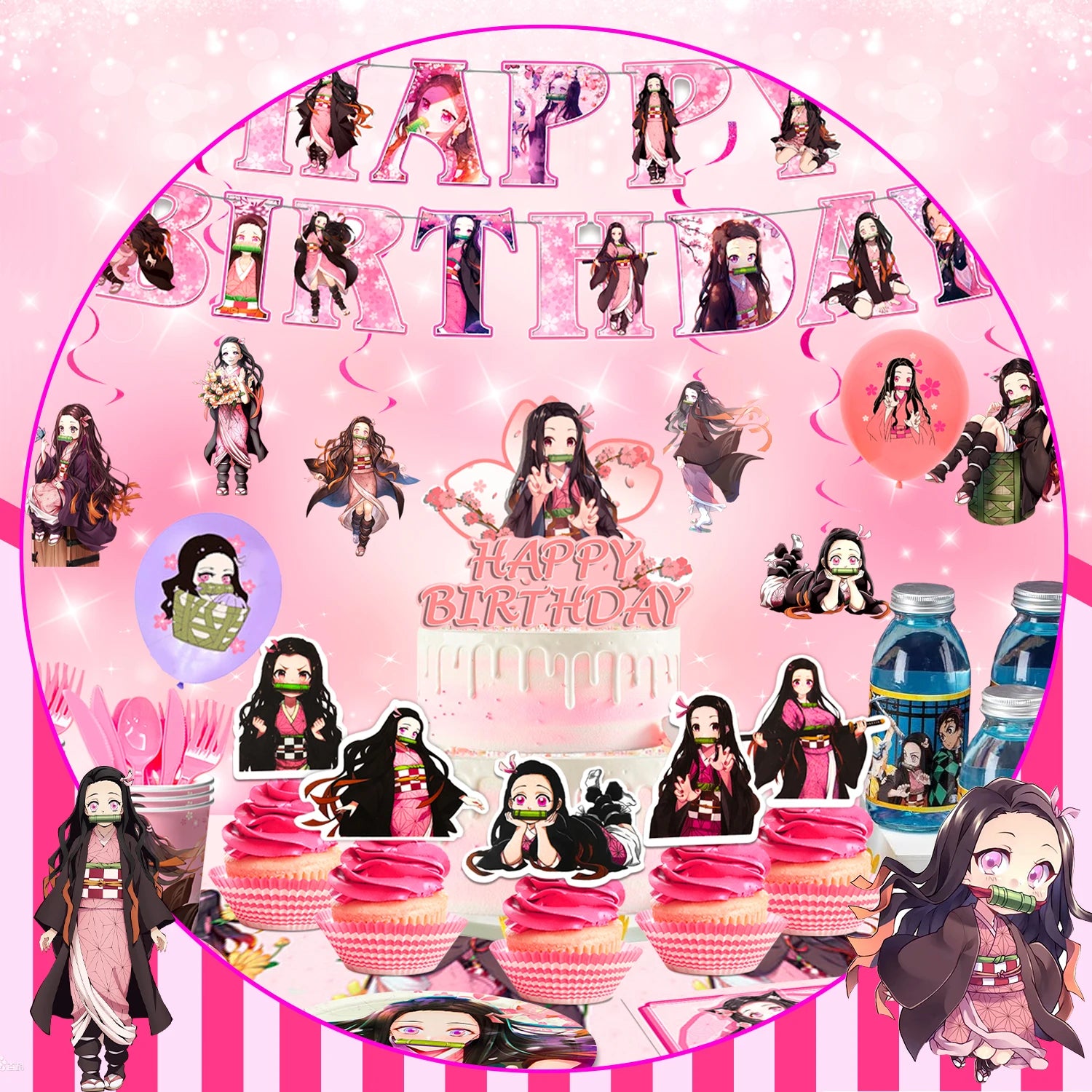 Nezuko Birthday Decorations,117pcs Decorations&Nezuko Party Tableware Set-Party Plates Tablecloth&Cake Topper Banner Balloons