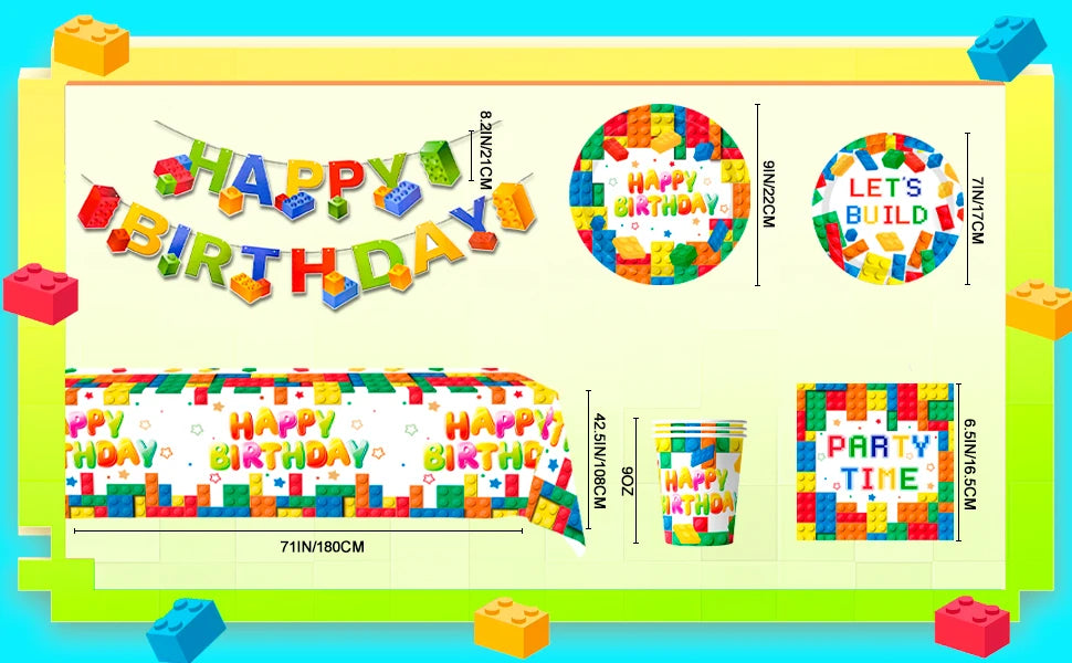 Building Blocks Birthday Party Supplies-66pcs Party Tableware set-Building Block Party Plates Napkins Tablecloth etc