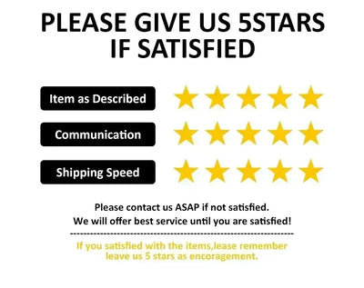 Graphic request for 5-star reviews on item description, communication, and shipping speed with encouragement for customer satisfaction.