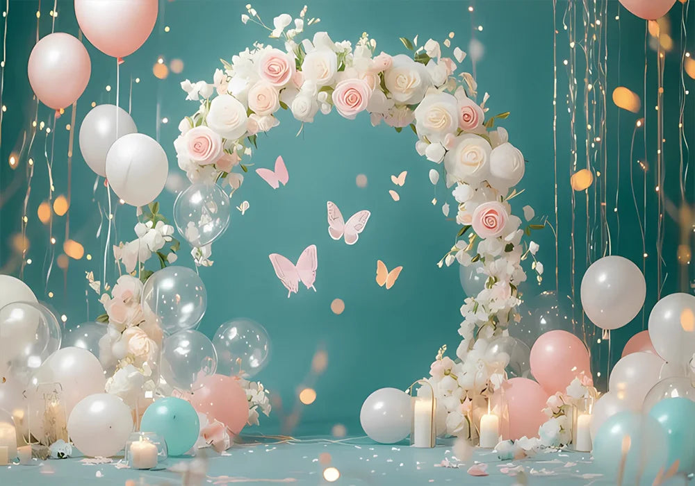 One Year Old Baby Birthday Backdrop Toys Bear White Balloons