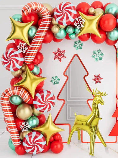 Christmas crutches, candy, golden deer, balloon decoration,