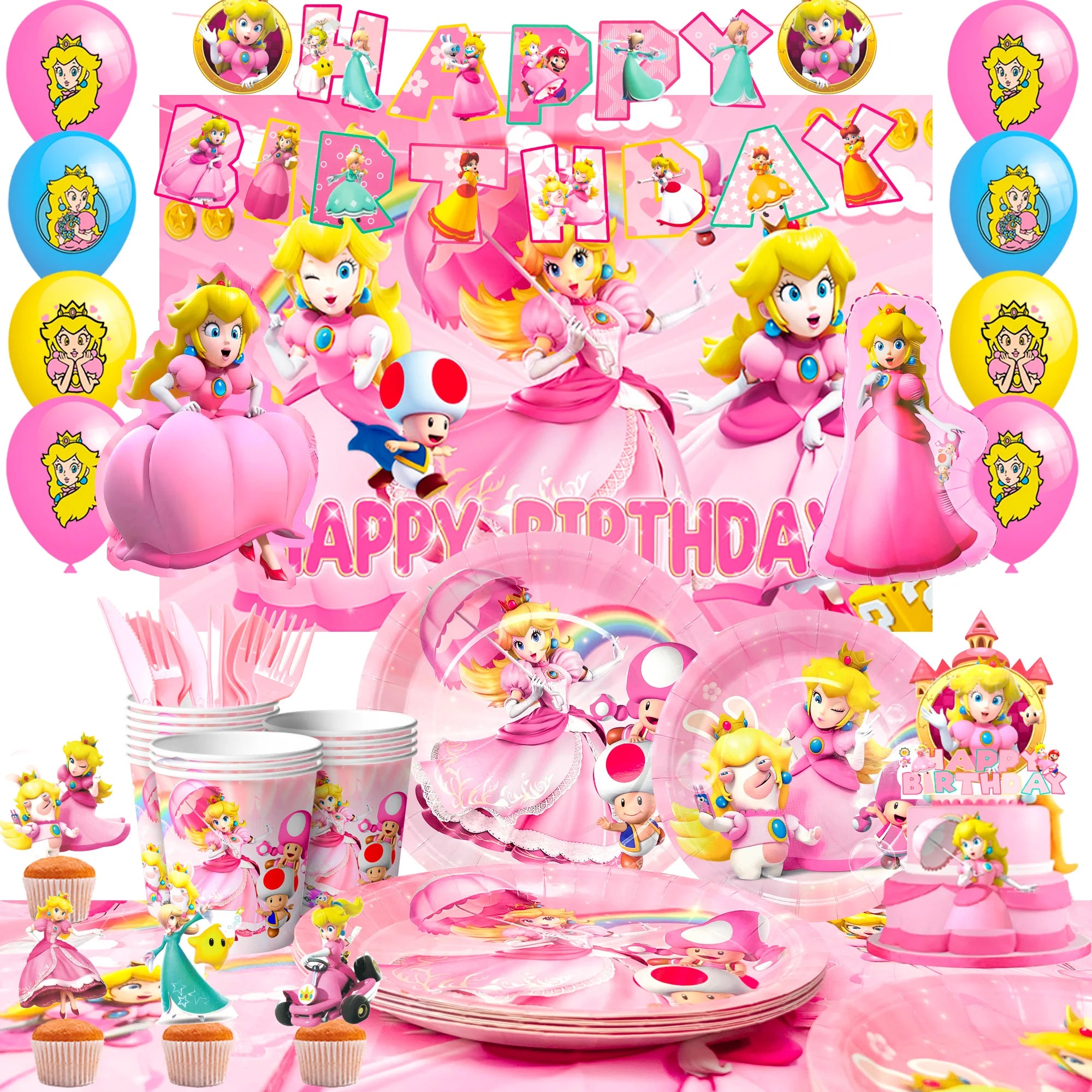 Cartoon Peach Birthday Party Supplies, 114pcs Cartoon Peach Party Decorations & Tableware Set - Party Plates and Napkins Cups