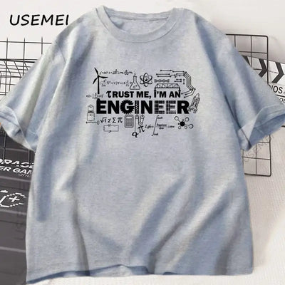 engineer t-shirt for men featuring a graphic design with science and engineering motifs in gray fabric.
