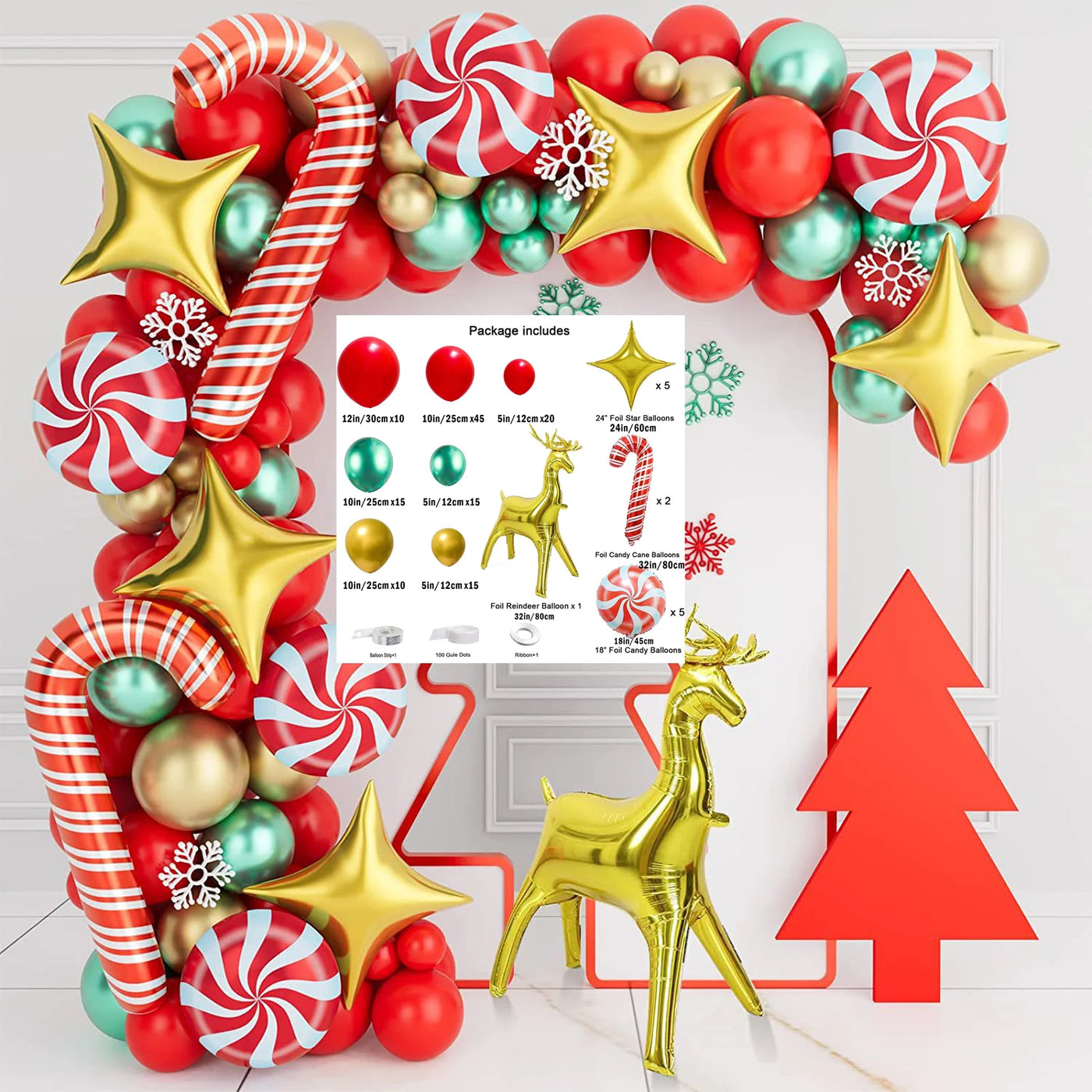 Christmas crutches, candy, golden deer, balloon decoration,