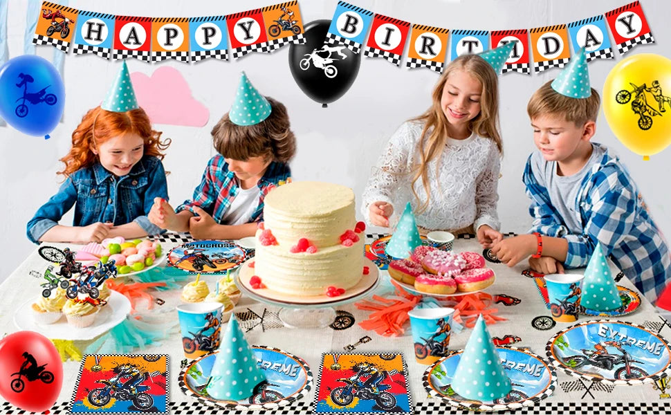 Motorcycle Birthday Supplies,98pcs Decorations&Motorcycle Theme Party Tableware Set-Dirt Bike Party Plates and Napkins Cups etc