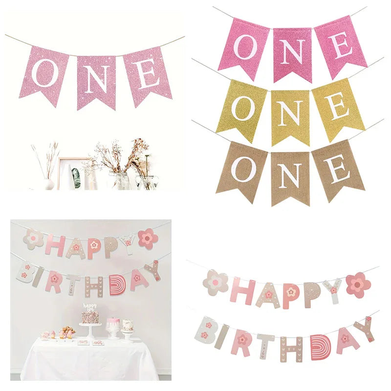 1st Birthday Banner Burlap ONE Garland Boys Girls First Birthday Party Decoration Baby Photo Prop Decoration Memorial Banner