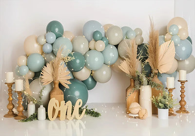 One Year Old Baby Birthday Backdrop Toys Bear White Balloons