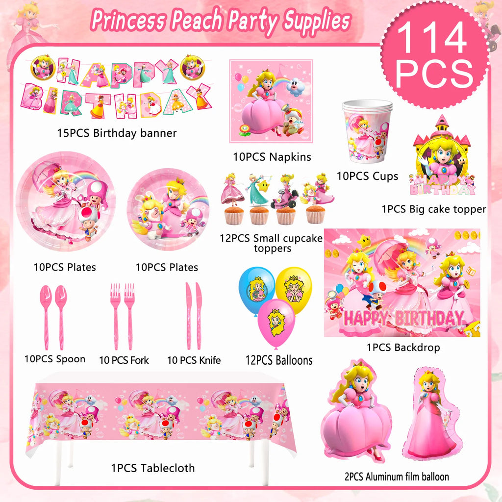 Cartoon Peach Birthday Party Supplies, 114pcs Cartoon Peach Party Decorations & Tableware Set - Party Plates and Napkins Cups