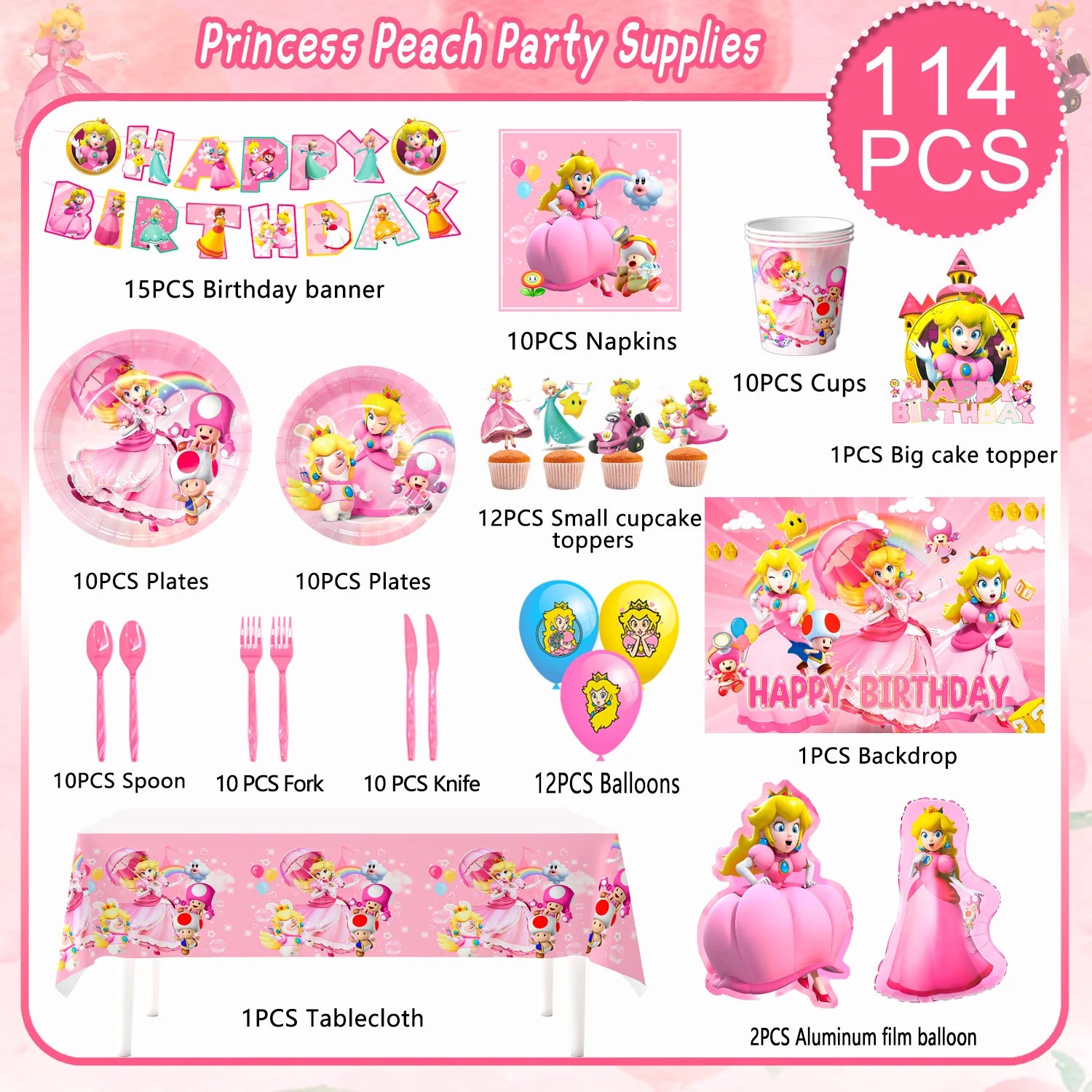 Cartoon Peach Birthday Party Supplies, 114pcs Cartoon Peach Party Decorations & Tableware Set - Party Plates and Napkins Cups