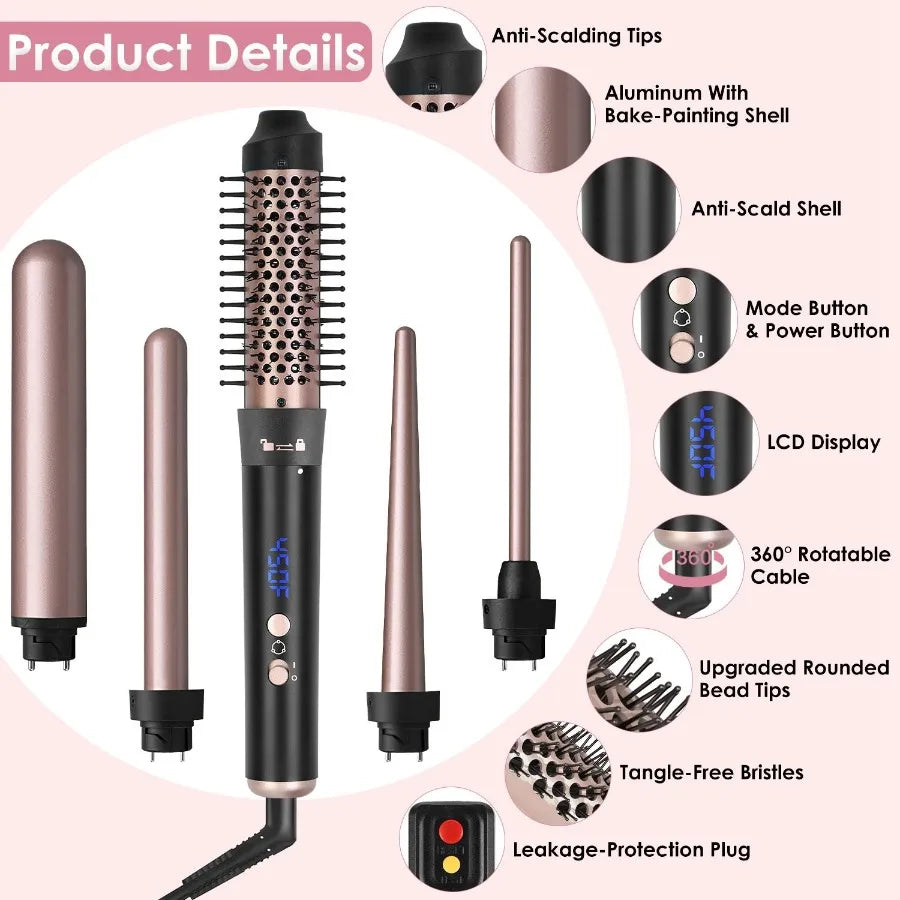 5 in 1 Curling Wand with LeakageProtection Hair Curling Iron Brush Hair Thermal Brush Curler with 4 Heating Levels 360 Rotatabl