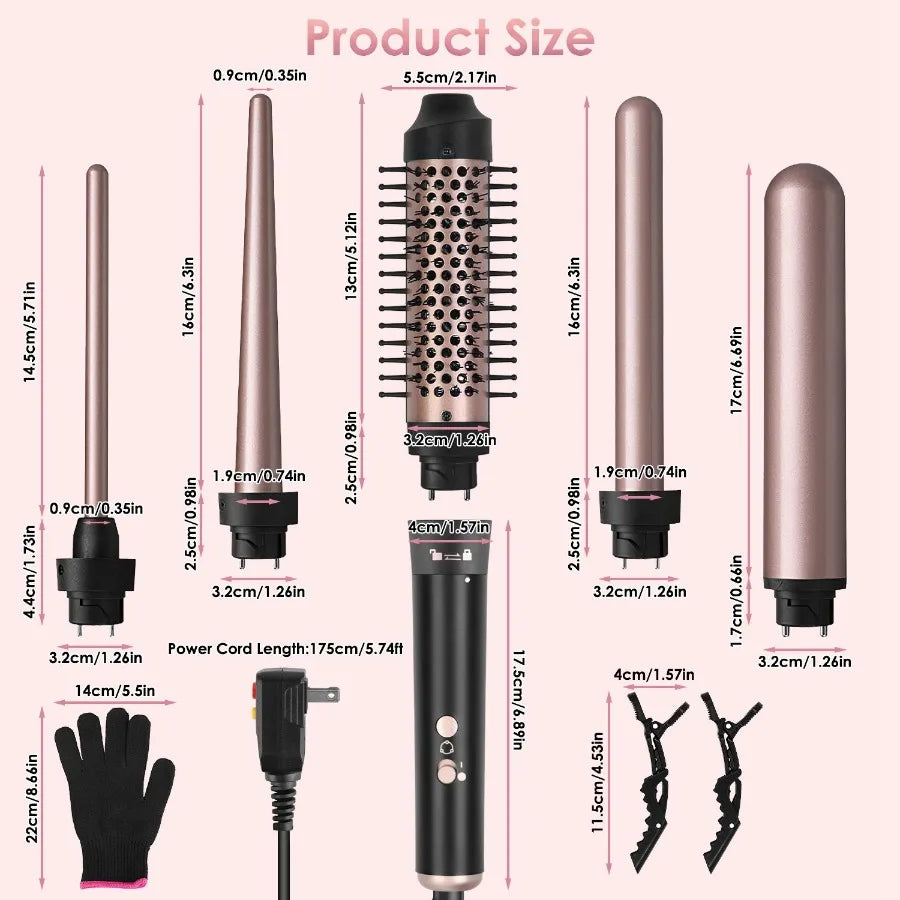 5 in 1 Curling Wand with LeakageProtection Hair Curling Iron Brush Hair Thermal Brush Curler with 4 Heating Levels 360 Rotatabl